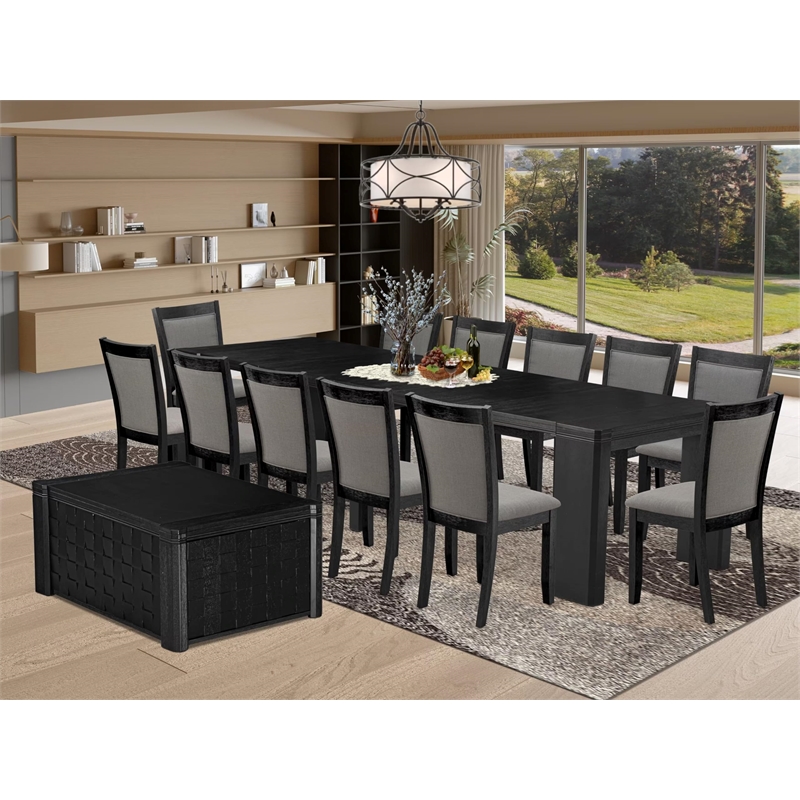 Pemberly Row 14-Piece Dining Table Set in Wire-Brushed Black Finish