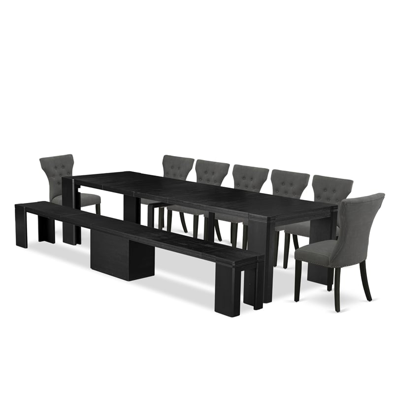 Pemberly Row 9-Piece Dining Table Set in Black Wire Brushed Finish