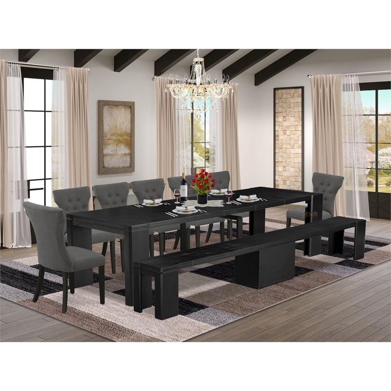 Pemberly Row 9-Piece Dining Table Set in Black Wire Brushed Finish