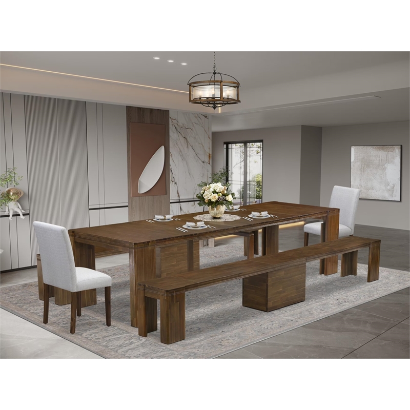 Pemberly Row 5-Piece Extendable Dining Set in Antique Walnut & Gray Linen