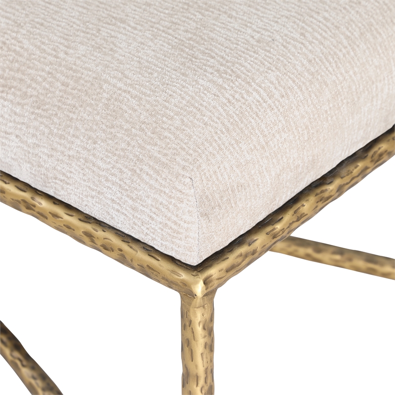 Pemberly Row Chenille Upholstered Beige Bench with Metal Frame