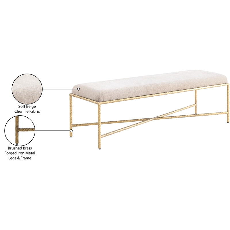 Pemberly Row Chenille Upholstered Beige Bench with Metal Frame