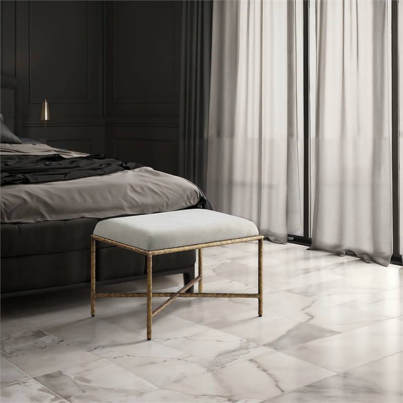 Pemberly Row Upholstered Bench in Cream Chenille Fabric with Brass Frame