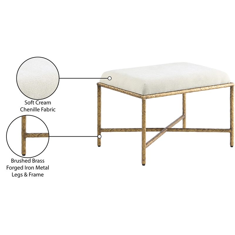 Pemberly Row Upholstered Bench in Cream Chenille Fabric with Brass Frame