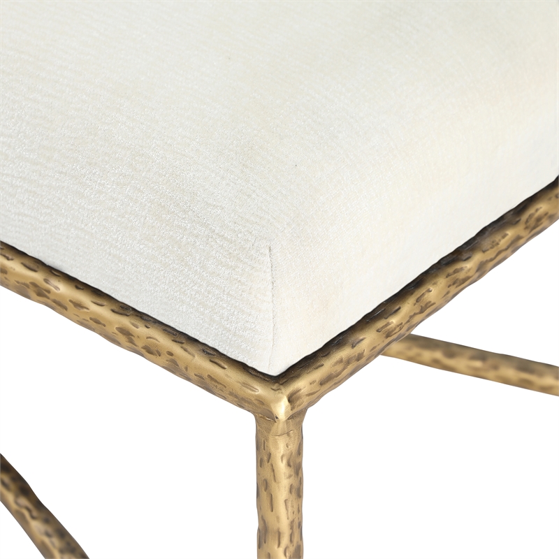 Pemberly Row Upholstered Bench in Cream Chenille Fabric with Brass Frame
