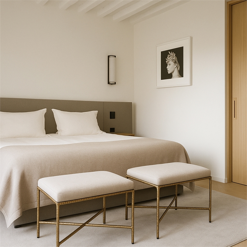 Pemberly Row Upholstered Bench in Cream Chenille Fabric with Brass Frame