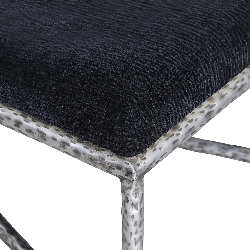 Pemberly Row Upholstered Bench in Black Chenille Fabric with Silver Frame