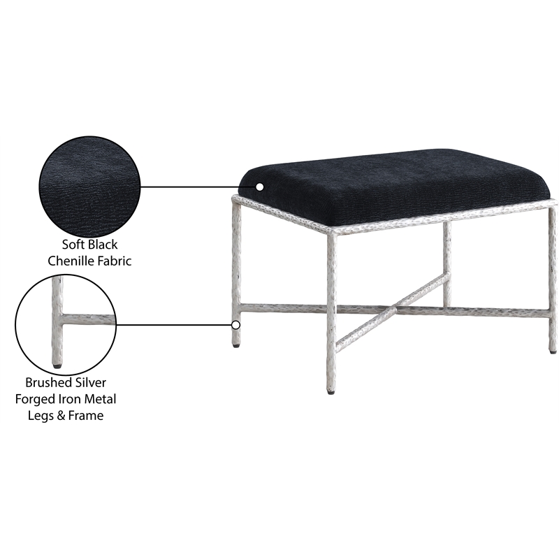 Pemberly Row Upholstered Bench in Black Chenille Fabric with Silver Frame