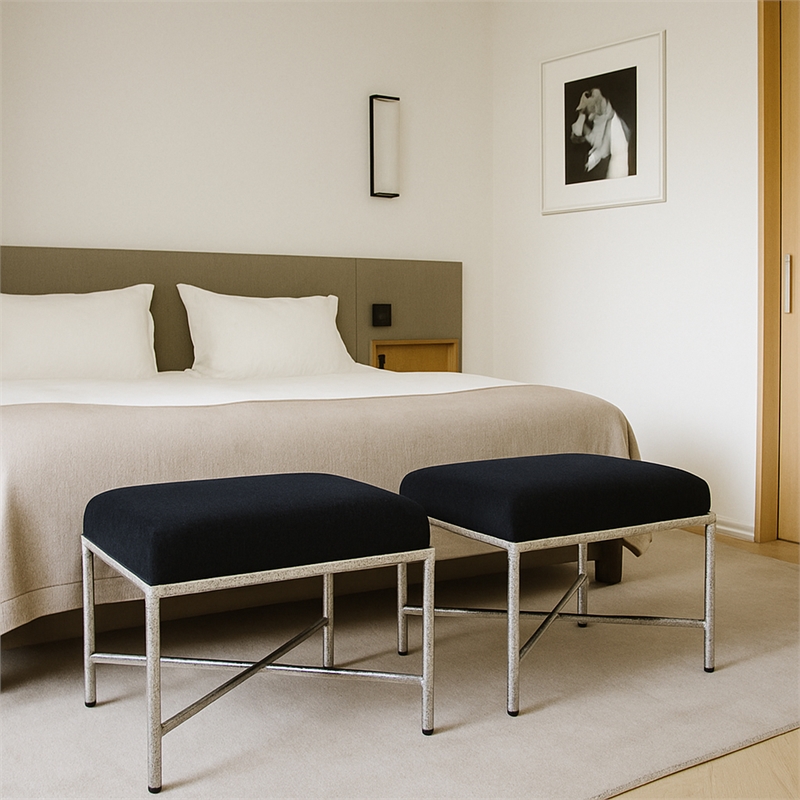Pemberly Row Upholstered Bench in Black Chenille Fabric with Silver Frame