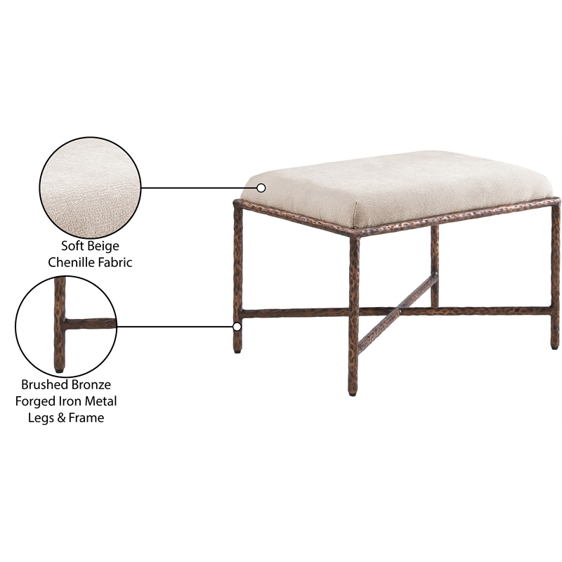Pemberly Row Upholstered Bench in Beige Chenille Fabric with Bronze Frame
