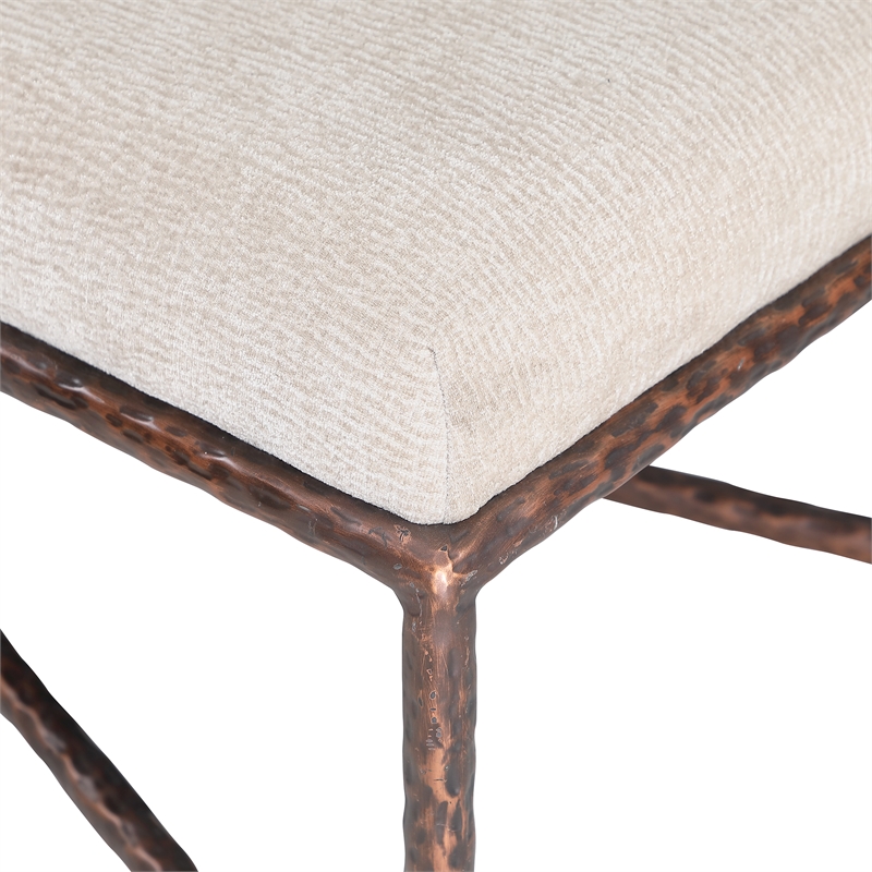Pemberly Row Upholstered Bench in Beige Chenille Fabric with Bronze Frame