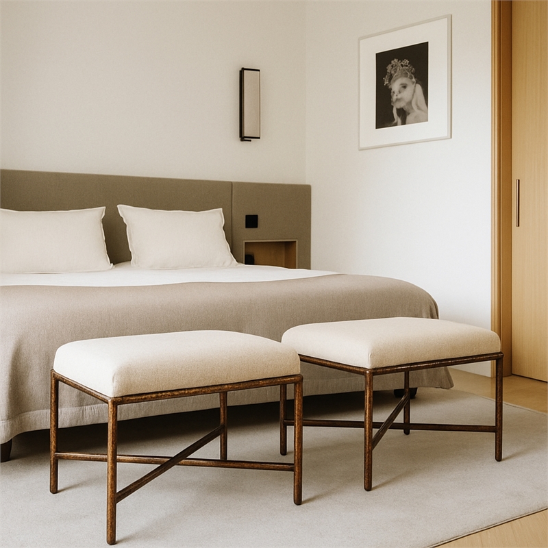 Pemberly Row Upholstered Bench in Beige Chenille Fabric with Bronze Frame