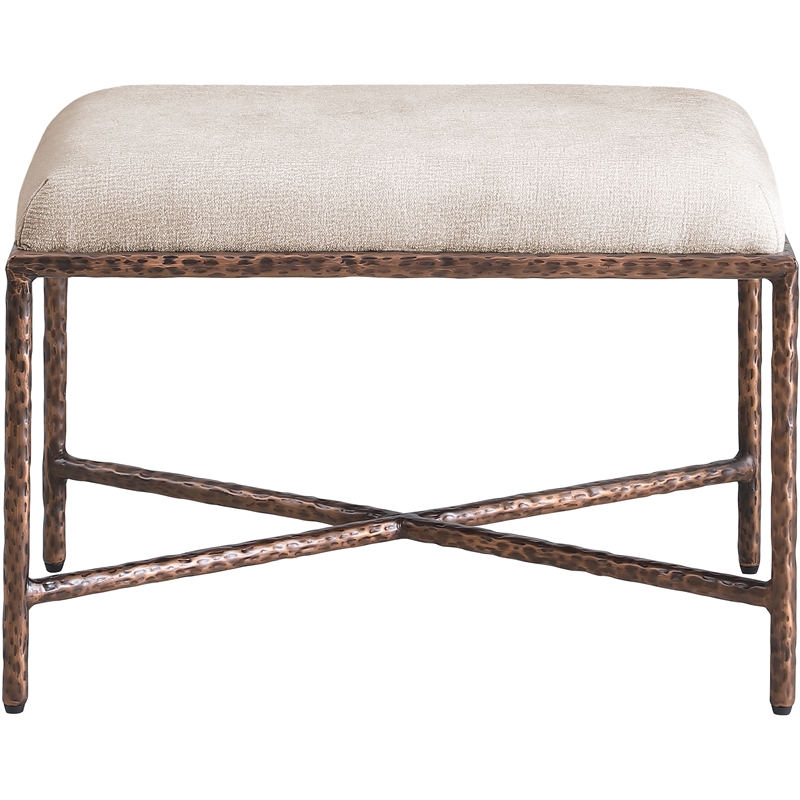 Pemberly Row Upholstered Bench in Beige Chenille Fabric with Bronze Frame