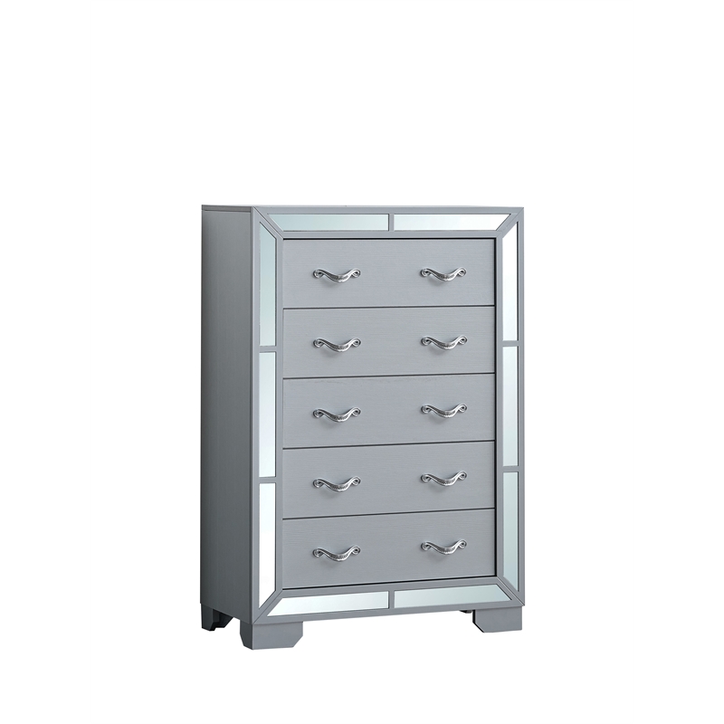 Pemberly Row 5-Drawer Wood Bedroom Chest in Silver Finish with Mirror Accents