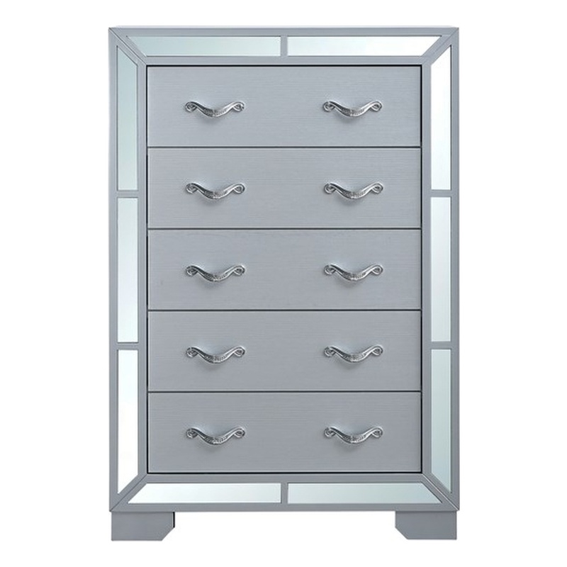 Pemberly Row 5-Drawer Wood Bedroom Chest in Silver Finish with Mirror Accents