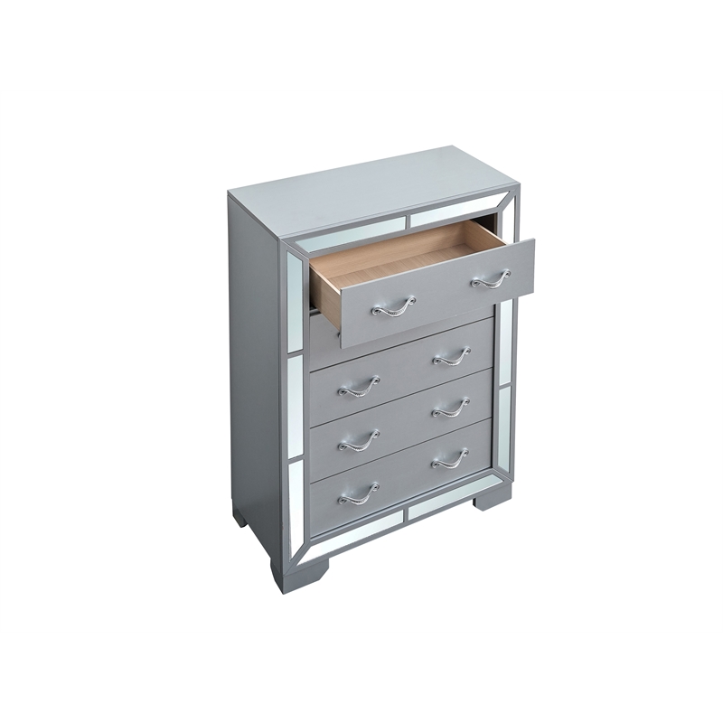 Pemberly Row 5-Drawer Wood Bedroom Chest in Silver Finish with Mirror Accents