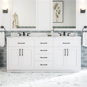 Pemberly Row 72&quot White Bathroom Vanity with White Top and Black Hardware