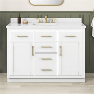 Pemberly Row 48&quot White Vanity with White Top and Brushed Gold Hardware