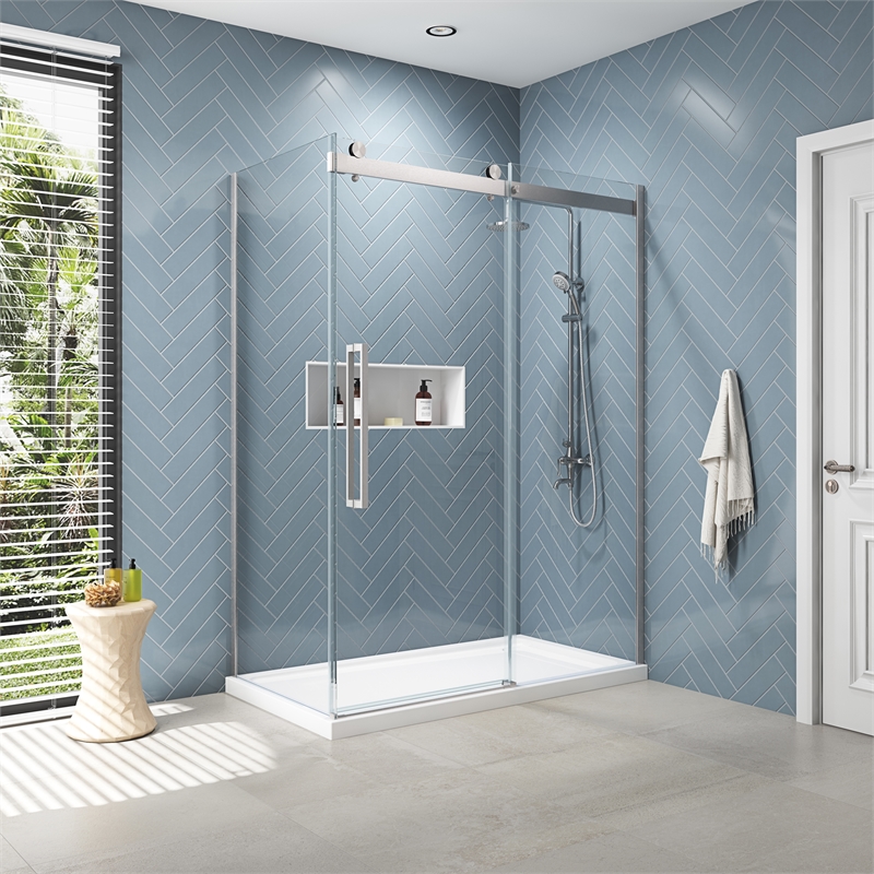 Pemberly Row Stainless Steel Corner Shower Kit measuring 32