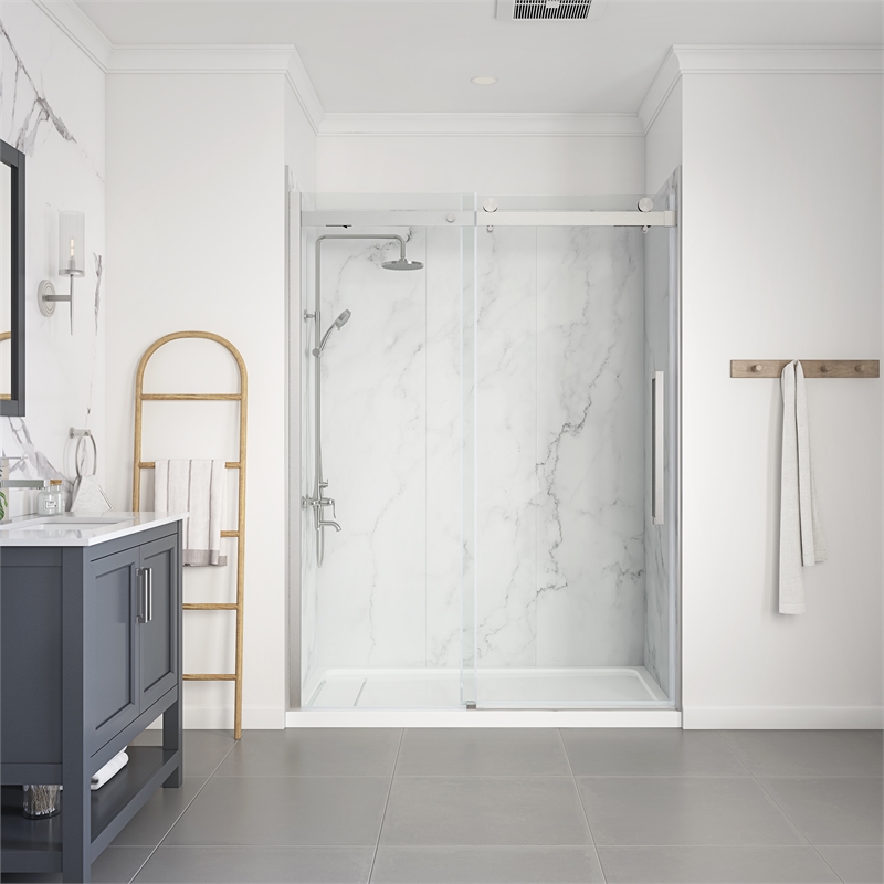 Pemberly Row Satin Nickel Alcove Shower Kit measuring 32