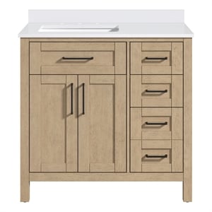 Pemberly Row 36&quot Bathroom Vanity in Sahara Birch with White Countertop