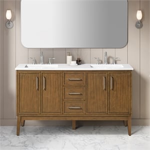 Pemberly Row 60&quot Warm Walnut Bathroom Vanity with White Engineered Stone