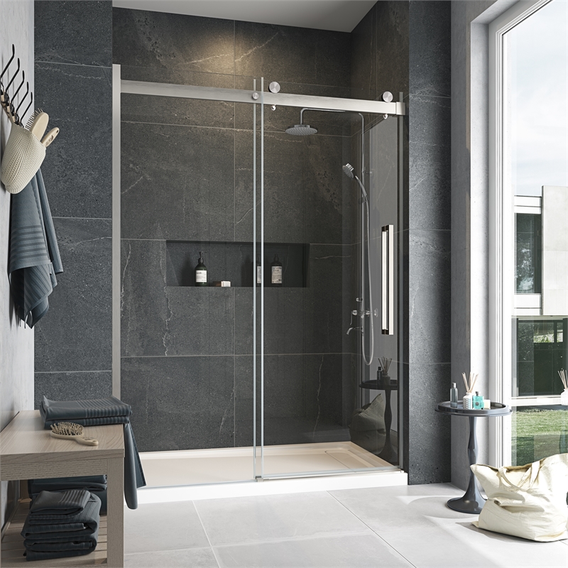 Pemberly Row Brushed Nickel Alcove Shower Kit measuring 36
