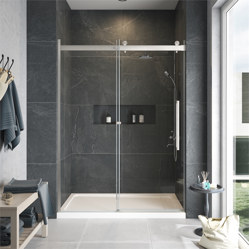 Pemberly Row Brushed Nickel Alcove Shower Kit measuring 36