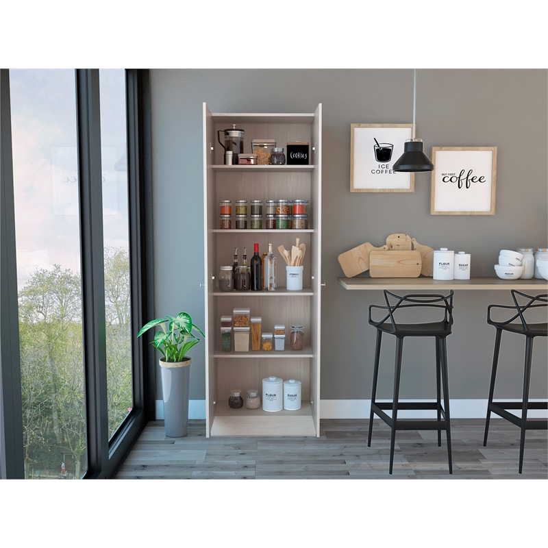 Pemberly Row Free Standing 5-Shelf Multistorage Pantry Cabinet in Pearl