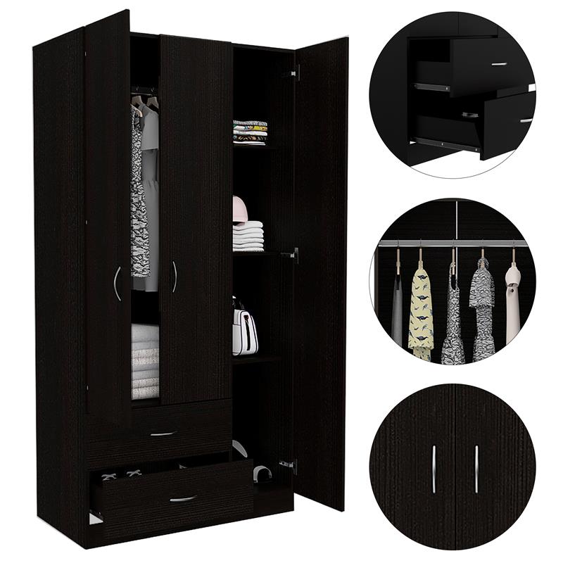 Pemberly Row 3 Door Armoire with 2 Drawers 71in High in Black