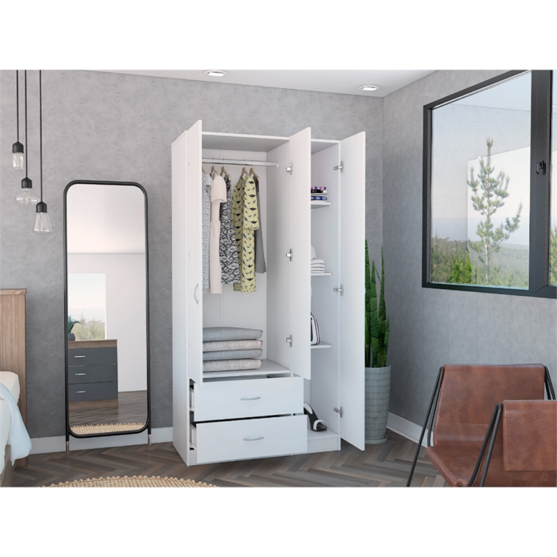 Pemberly Row 3 Door Armoire 35.4in Wide with 2 Drawers in White