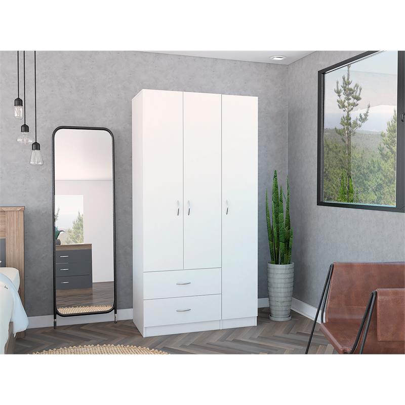 Pemberly Row 3 Door Armoire 35.4in Wide with 2 Drawers in White