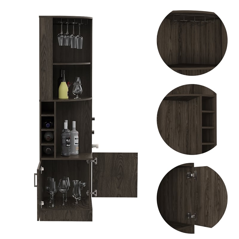 Pemberly Row Corner Bar and Wine Cabinet with Rack in Weathered Oak