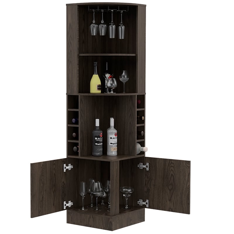 Pemberly Row Corner Bar and Wine Cabinet with Rack in Weathered Oak