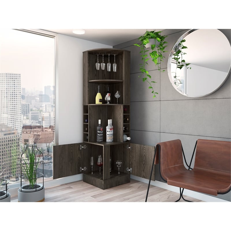 Pemberly Row Corner Bar and Wine Cabinet with Rack in Weathered Oak