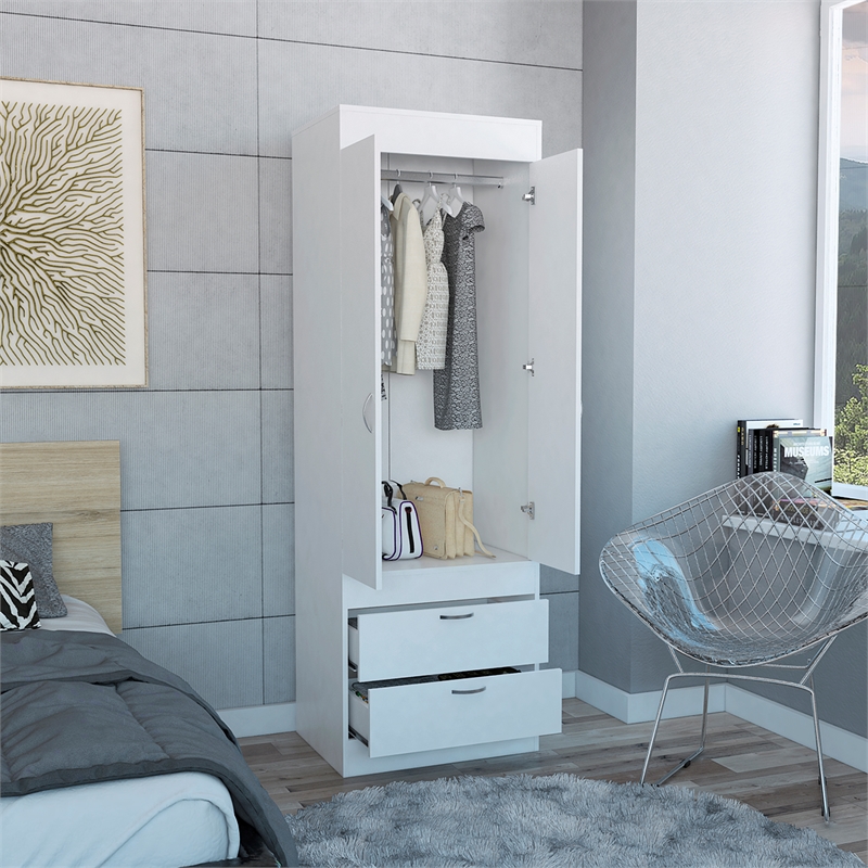 Pemberly Row 2 Door 2 Drawer Armoire with Hanging Rod in White