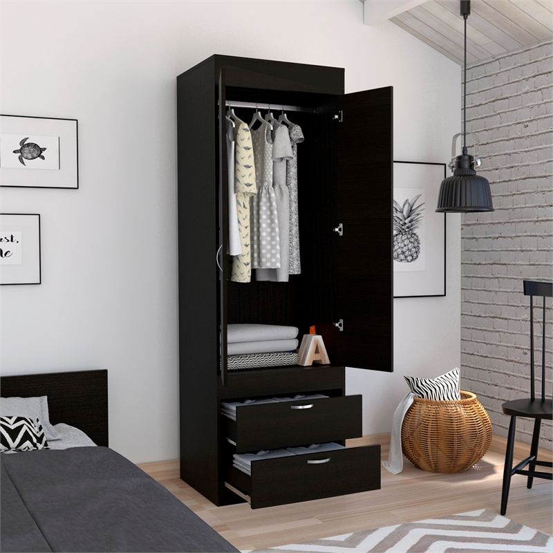 Pemberly Row 2 Door 2 Drawer Armoire with Hanging Rod in Black Wengue