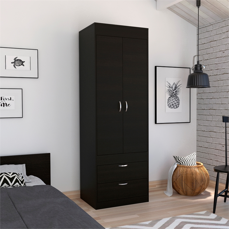 Pemberly Row 2 Door 2 Drawer Armoire with Hanging Rod in Black Wengue
