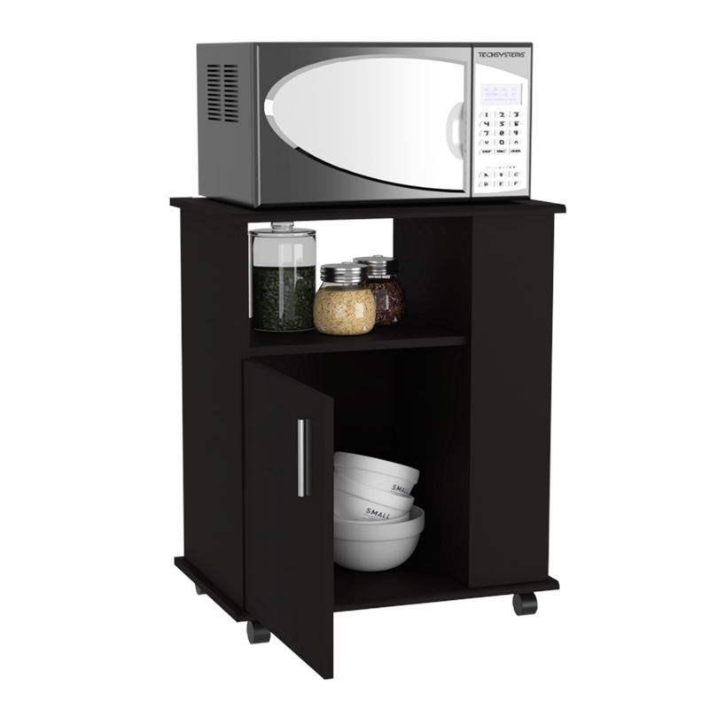 Pemberly Row Mobile Kitchen Microwave Cart with Spice Racks in Black