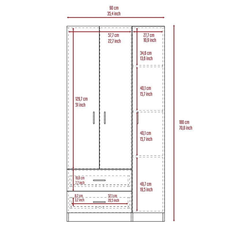 Pemberly Row 3 Door Armoire 35.4in Wide with 2 Drawers in Gray