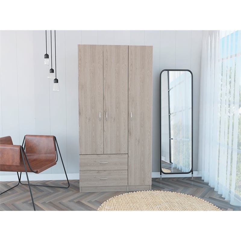 Pemberly Row 3 Door Armoire 35.4in Wide with 2 Drawers in Gray