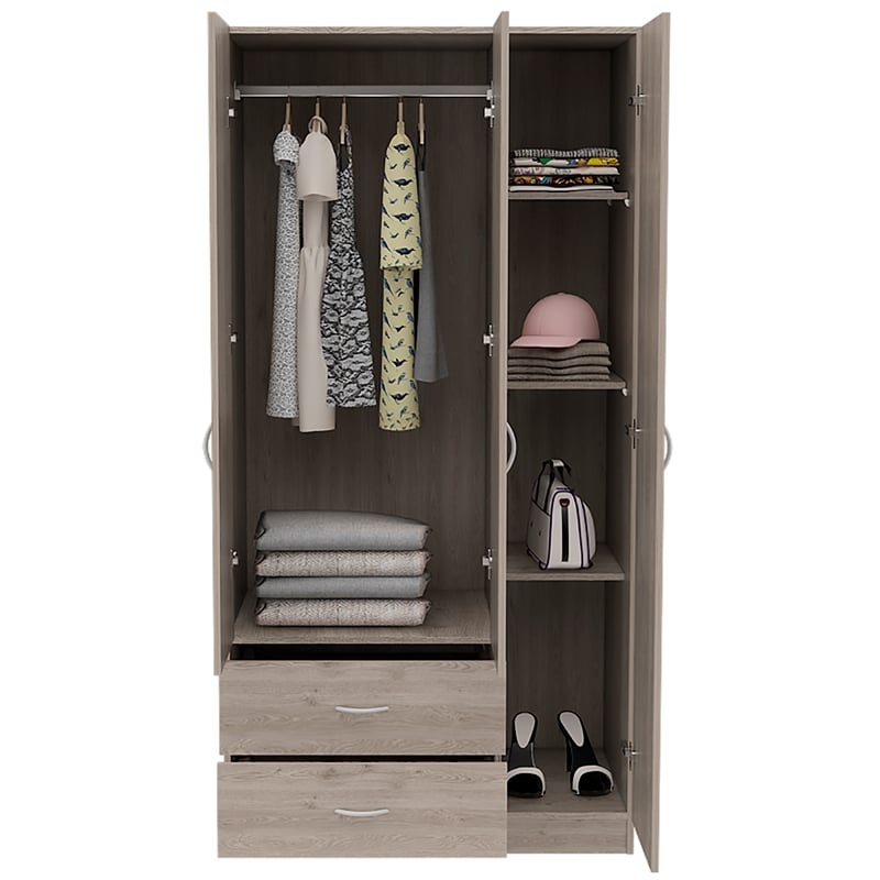 Pemberly Row 3 Door Armoire 35.4in Wide with 2 Drawers in Gray
