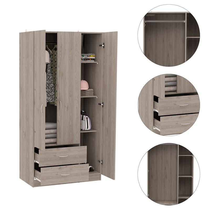 Pemberly Row 3 Door Armoire 35.4in Wide with 2 Drawers in Gray