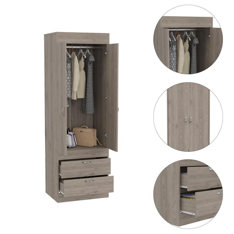 Pemberly Row 2 Door 2 Drawer Armoire with Hanging Rod in Gray