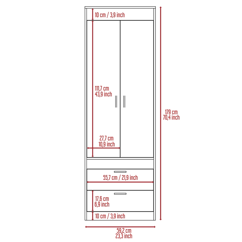 Pemberly Row 2 Door 2 Drawer Armoire with Hanging Rod in Gray