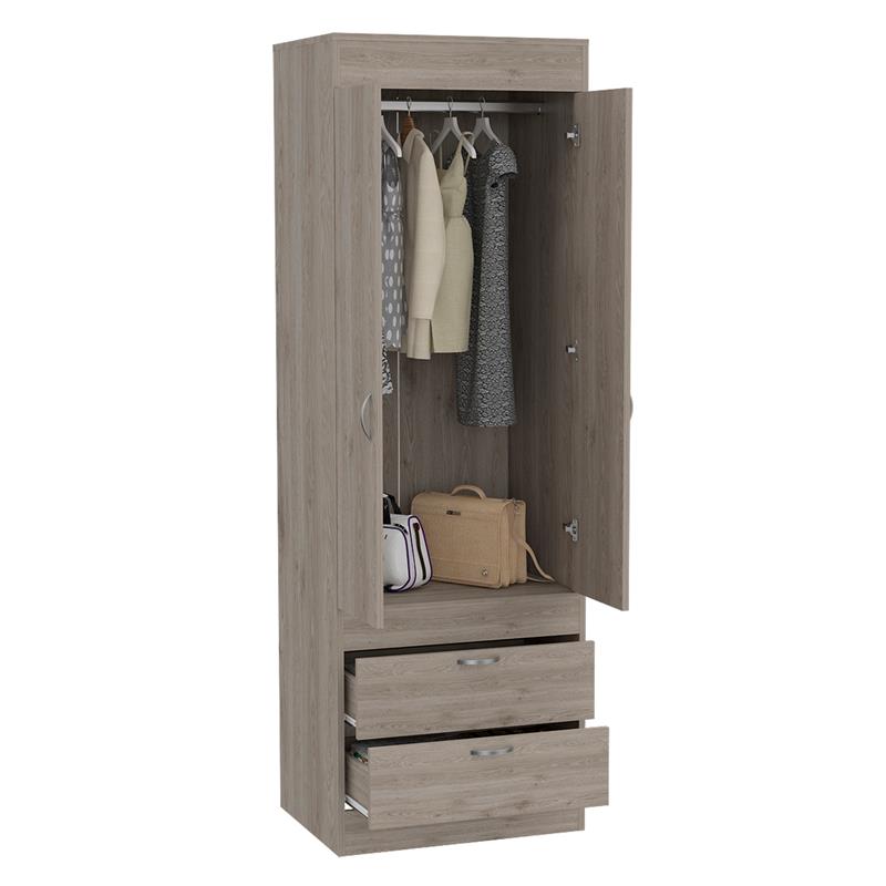 Pemberly Row 2 Door 2 Drawer Armoire with Hanging Rod in Gray