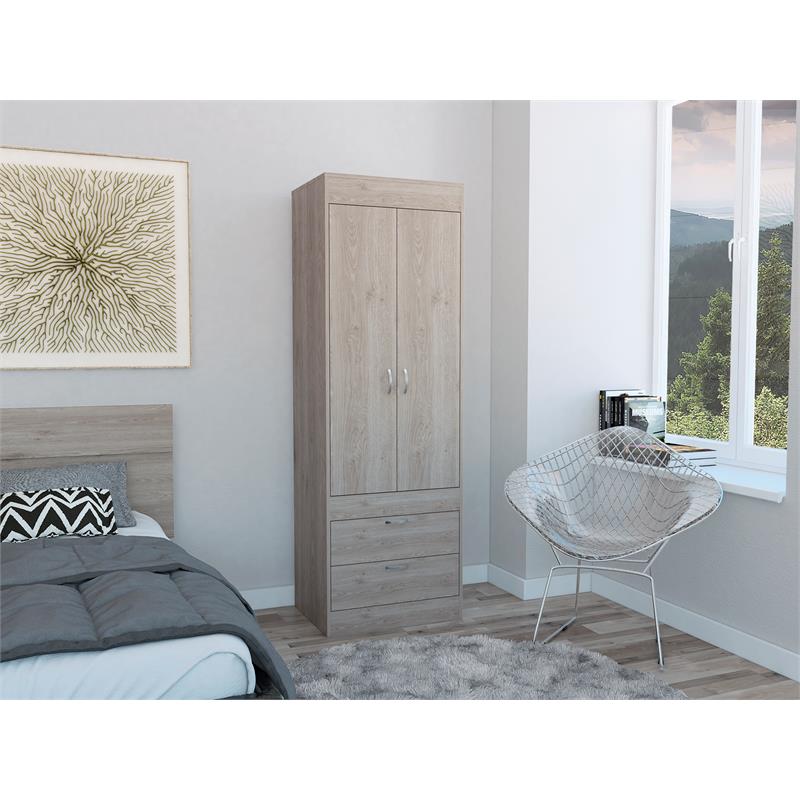 Pemberly Row 2 Door 2 Drawer Armoire with Hanging Rod in Gray