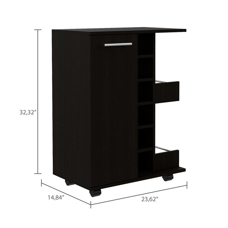 Pemberly Row Mobile Bar Cart with Wine Storage and Casters in Black