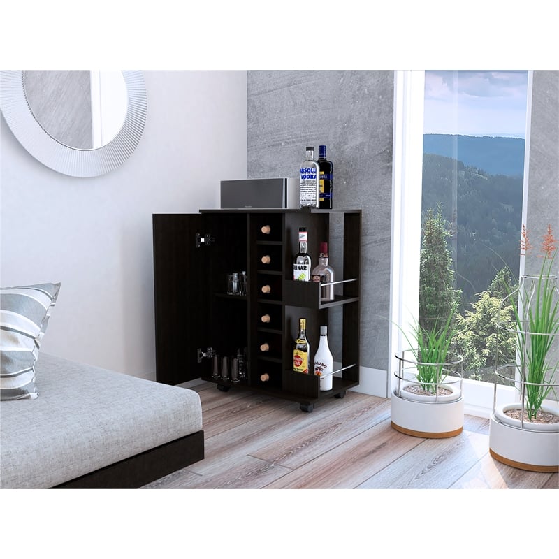Pemberly Row Mobile Bar Cart with Wine Storage and Casters in Black