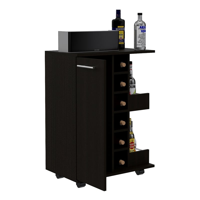 Pemberly Row Mobile Bar Cart with Wine Storage and Casters in Black